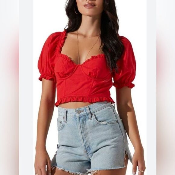 NWT FREE PEOPLE | ASTR SWEETHEART PUFF SLEEVE CROP TOP RED WOMENS SIZE SMALL - Picture 1 of 3
